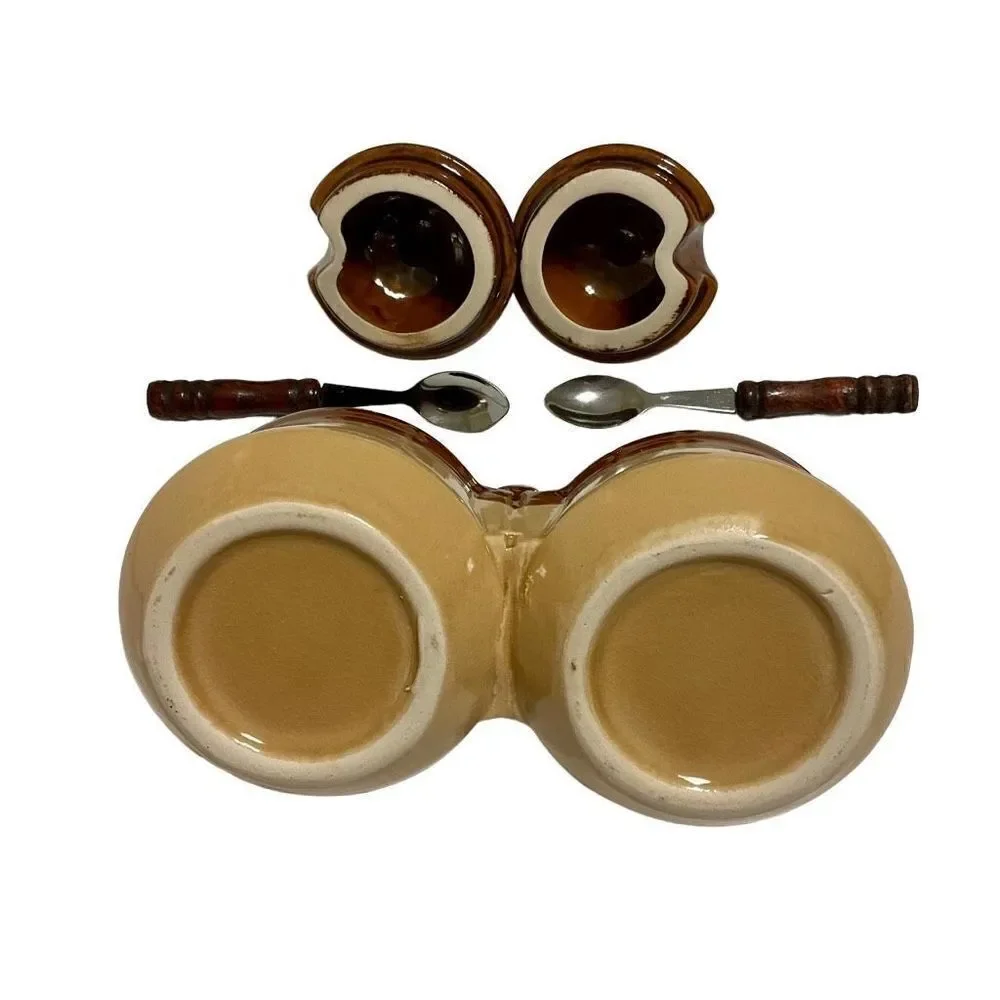 Vintage Double Condiment Jars with Lids and Spoons
